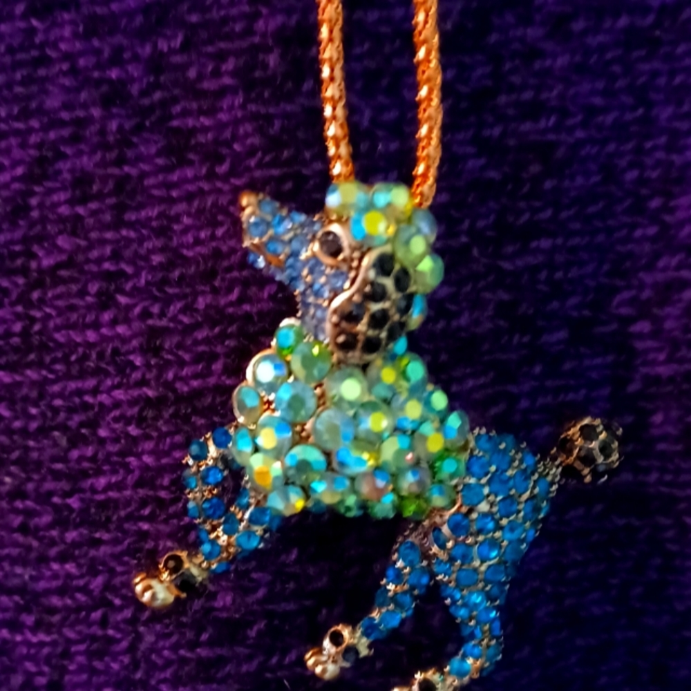 Betsey Johnson Blue/Green Stone Poodle Necklace
